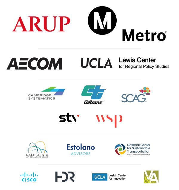 2024-25 All Sponsor graphic_final ARUP, LA Metro, AECOM, UCLA Lewis Center for Regional Policy Studies, Caltrans, Cambridge Systematics, SCAG, STV, WSP, CARB, Estolano Advisors, National Center for Sustainable Transportation, Cisco, HDR, UCLA Luskin Center for Innovation, V&A Inc